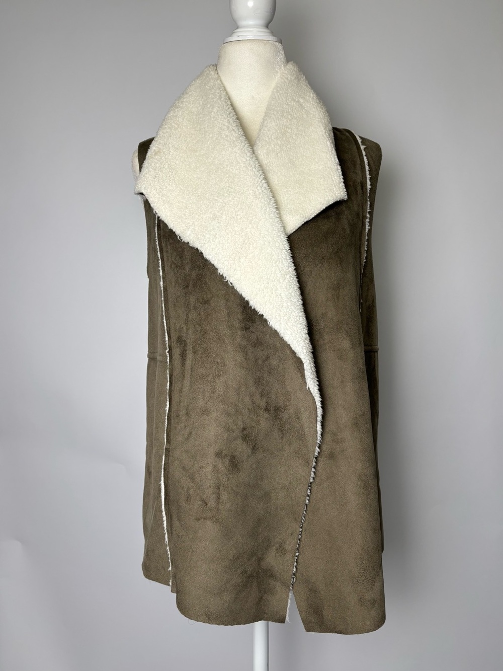 Susina Olive Vest with Cream Faux-Shearling Collar #P135